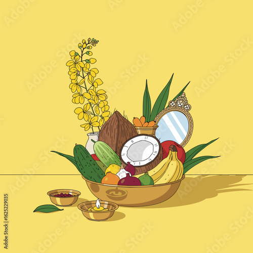 Abundant harvest of traditional fruits and flowers in a festive display