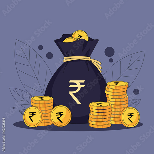 A bag of indian rupees coins and currency notes symbolizing wealth and financial prosperity