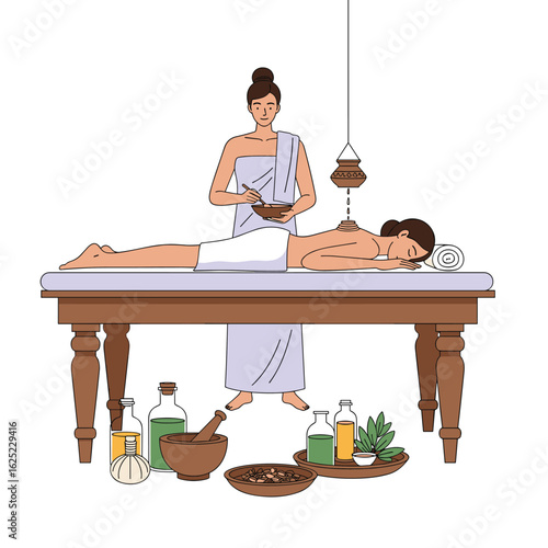 Holistic wellness spa treatment applying herbal poultices for deep muscle relaxation