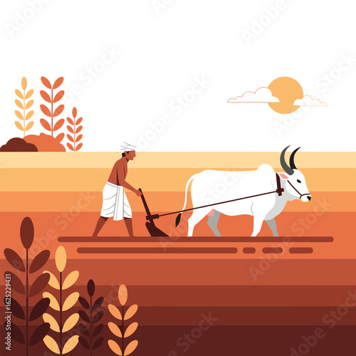 Farmer working hard with ox plowing field under warm sunlight