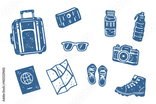 Journey Essentials: A collection of travel essentials, including a suitcase, passport, map, camera, and shoes, is arranged, hinting at an upcoming adventure or travel plans. 