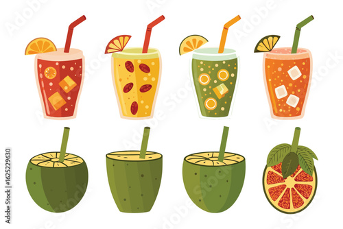 Refreshing Beverage Array: A vibrant collection of fruit smoothies and refreshing drinks tantalize, alongside nature's bounty of fresh fruit to quench your thirst and rejuvenate the senses.