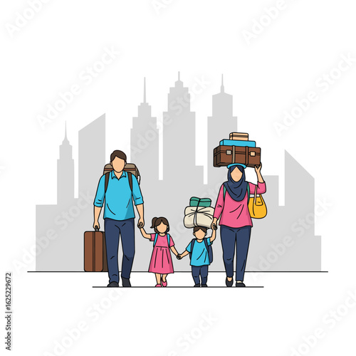 Family traveling together with luggage cityscape background illustration