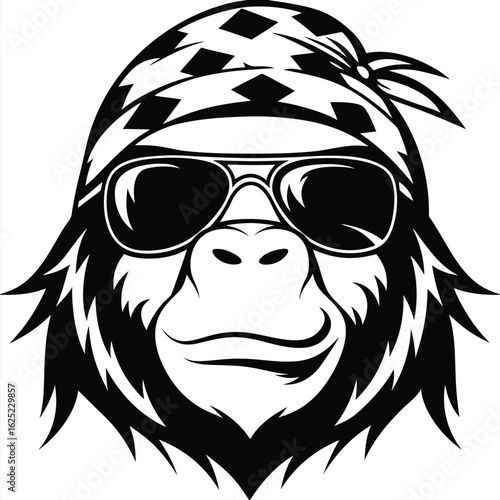 Cool gorilla wearing sunglasses and bandana looks amazing in monochrome style headshot