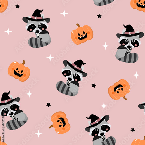 Happy halloween seamless pattern and background with spooky pumpkin wear witch hat ant cute raccoons. Holidays cartoon character wallpaper. -Vector