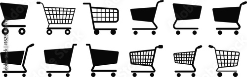 Shopping Cart Icons, Vector Design Set, Retail Basket Graphics, E-commerce Symbol Collection, Black Silhouette Style, Adobe Stock Illustration, UI Elements