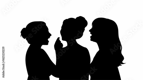 Silhouette of three women in conversation with expressive gestures against a white background scene shown