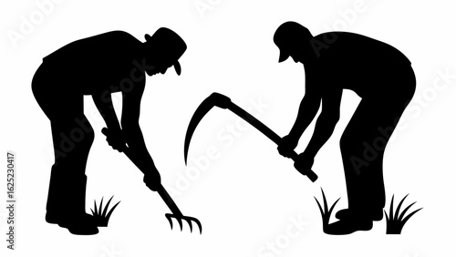 Silhouette of two farmers working in a field with a rake and a scythe in black and white image