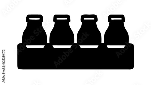 Four black bottles in a carrier with a rectangular base and individual compartments for each bottle
