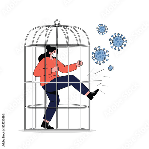 Person breaking free from cage escaping viruses during pandemic confinement period