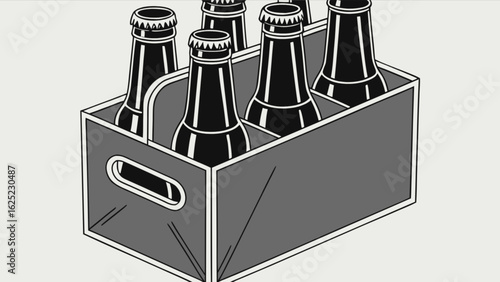 Illustration of a six pack of beer bottles in a gray carrier with handles on a white background