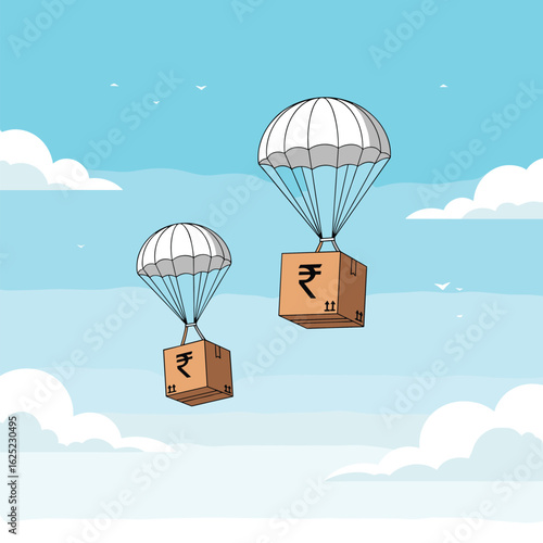 Financial packages descending safely from the sky on parachutes
