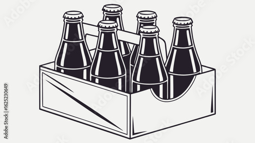 Illustration of six dark glass bottles with caps in a cardboard carrier with handle cutout design