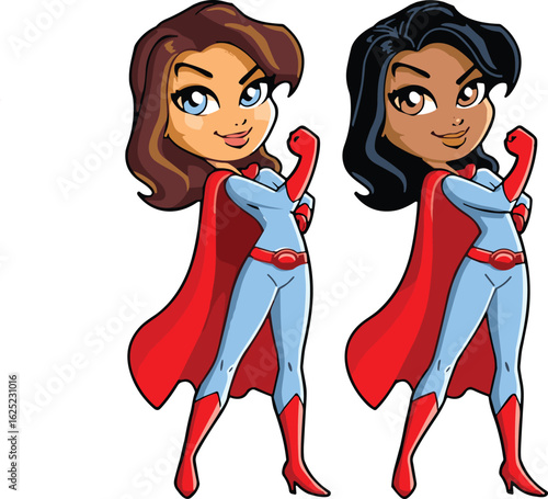 Confident female superheroes in cartoon style, powerful women in red capes and blue suits, standing strong, isolated on white background