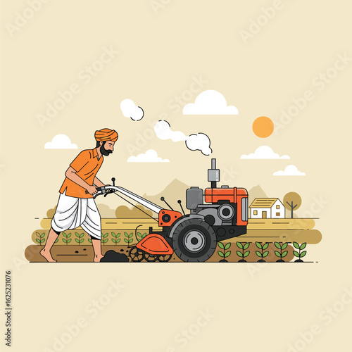 Farmer cultivating field with power tiller in rural landscape
