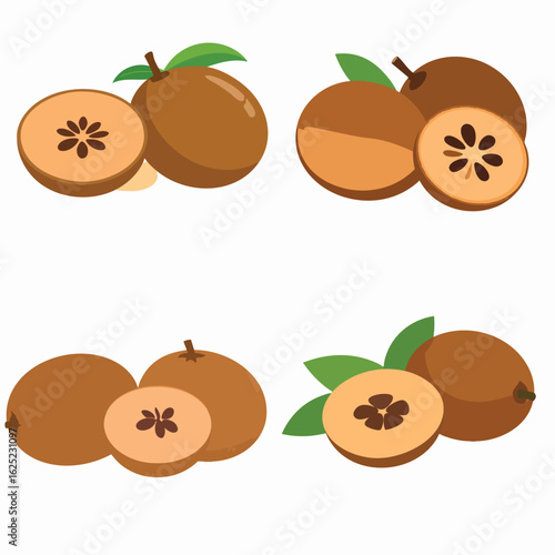 Sapodilla fruit illustrations showing whole and halved sapodillas with leaves.