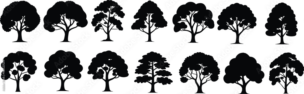 Fototapeta premium Tree Silhouettes, Black Vector Foliage Icons, Diverse Tree Shapes, Nature Illustration Set, Forest Graphics, Adobe Stock Botanical Design