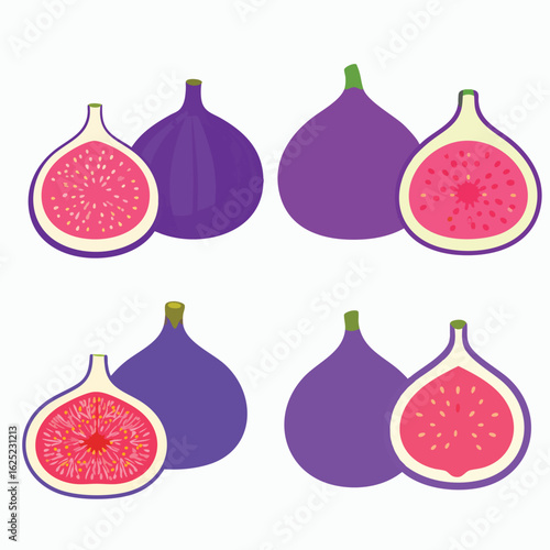 A vibrant illustration showcasing four pairs of figs, each with a whole fig and a cross-section revealing its pink interior.