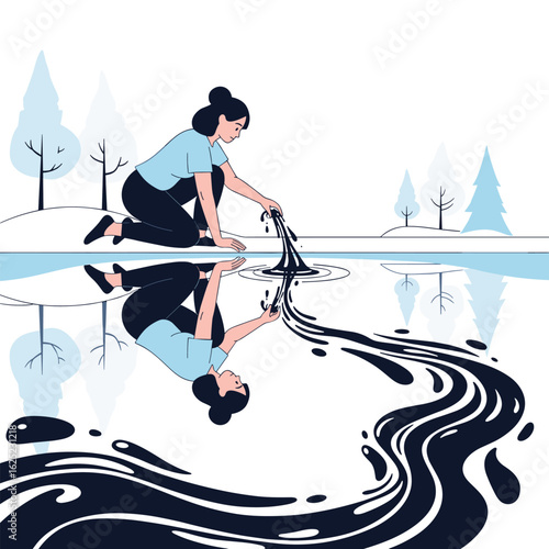Woman causing pollution in a clean lake with dark liquid reflecting her actions on the water surface