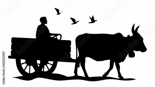 Silhouette of a man riding a bullock cart with three birds flying above in a rural landscape scene