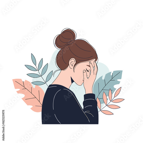 Woman with hand over face experiencing emotional distress illustration