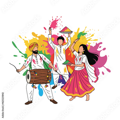 Vibrant festival celebration with music dancing and colorful powder splashes