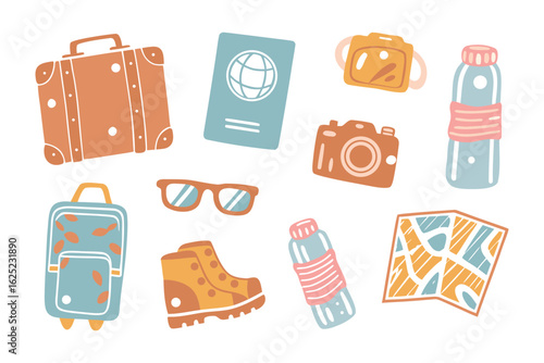 Adventure Essentials: A delightful assortment of travel necessities beckons, each item hinting at the promise of exploration, wanderlust, and unforgettable experiences.