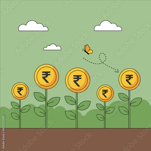 Growing wealth through financial investment plants with a butterfly fluttering above