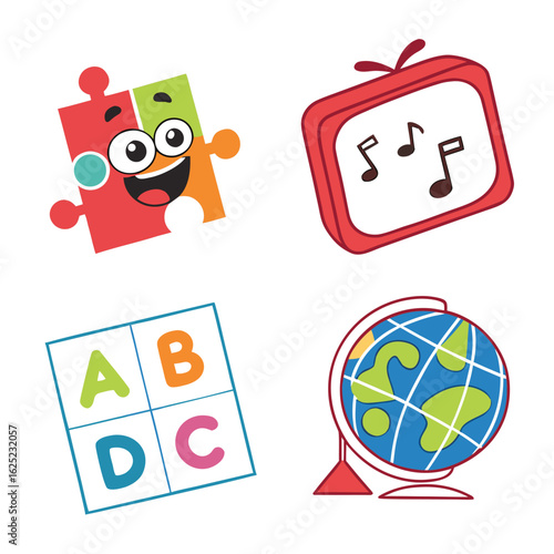 Vibrant educational app icon set for children featuring learning and play elements with a playful design style