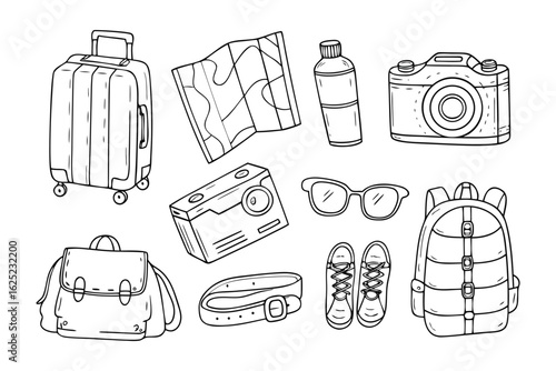 Travel Essentials: An illustration showcasing essential travel items, perfect for a journey. This image depicts items for an unforgettable adventure.