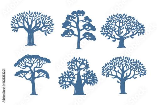 Diverse Silhouetted Trees: An artful collection of six silhouetted trees, artfully rendered in a flat, vector style.