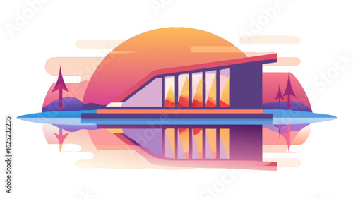 Illustration of a modern house with large windows reflected in water under a sunset with trees nearby