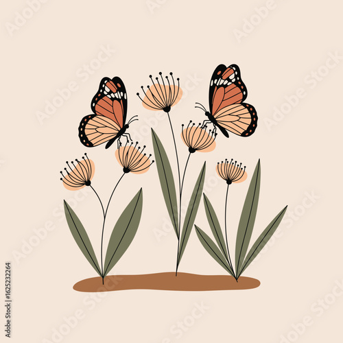 Delicate butterflies fluttering among whimsical blooms in earthy tones