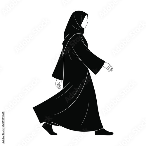 Silhouette of person walking in flowing abaya with graceful movement isolated in black and white vector