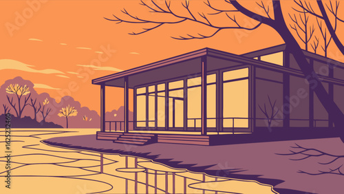 Illustration of a modern house with large windows near a body of water and bare trees at sunset time