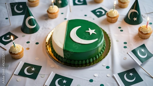 "Pakistani Flag Style Independence Day Cake – Green and White Celebration Dessert with Crescent and Star for 14 August Event