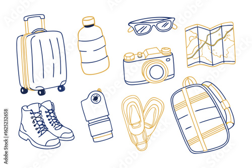 Essentials for the Journey: A collection of essential travel accessories, from a sturdy suitcase to a detailed map, hints at exploration and the promise of new adventures.
