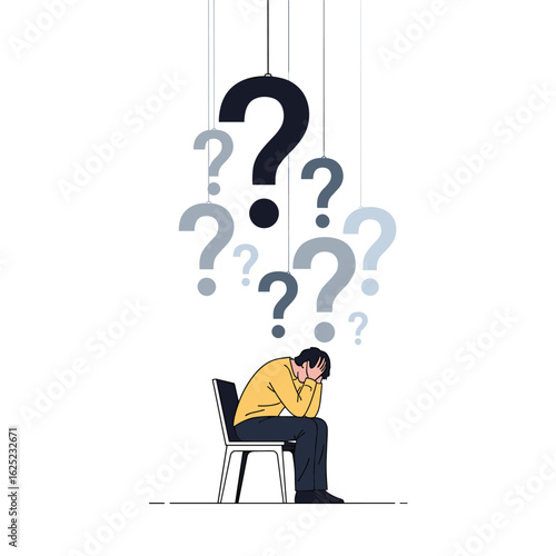 Pondering over difficult questions causing stress and confusion for a person sitting alone