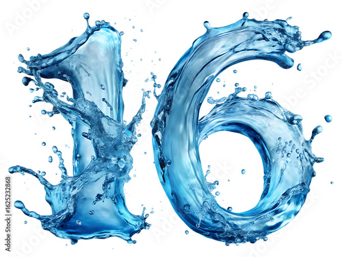 Number 16 formed from dynamic blue water splashes and droplets isolated on a transparent background sixteen