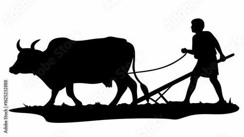 Silhouette of a farmer plowing a field with an ox drawn plow in a rural agricultural setting in black