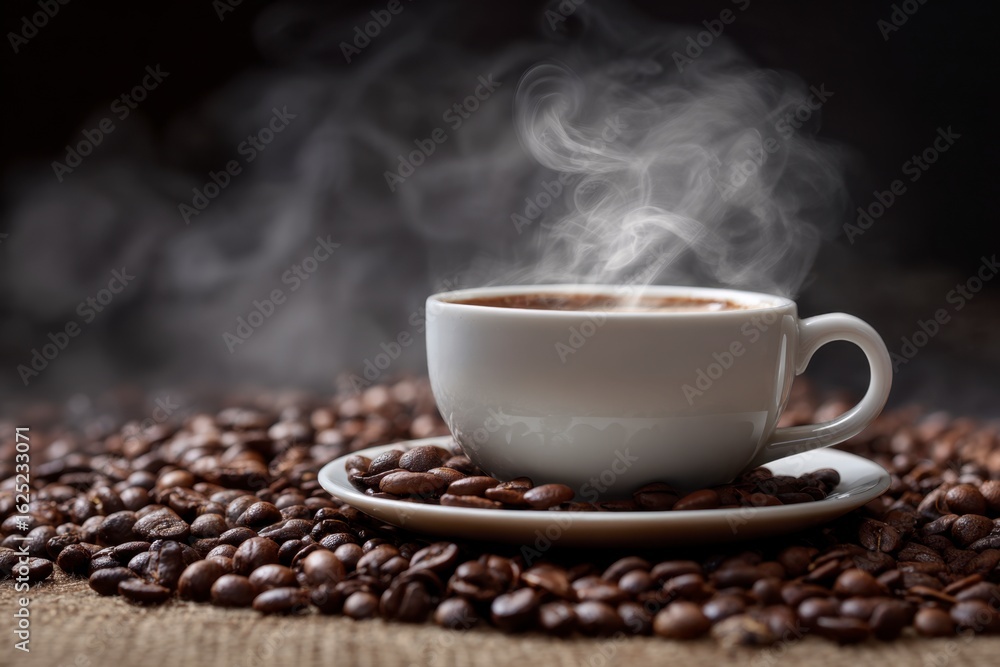 Steaming Coffee Cup with Coffee Bean Steaming Coffee Cup with Coffee Bean
