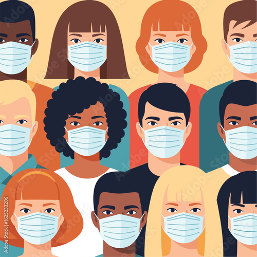 Diverse group of people wearing face masks protecting themselves from illness and disease
