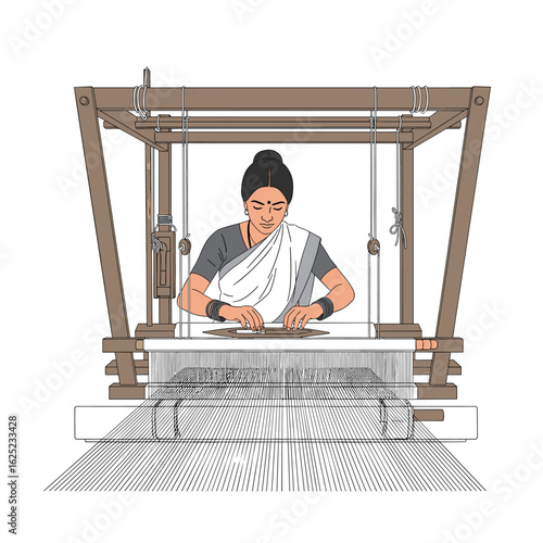 Skilled artisan expertly operates a traditional handloom creating intricate fabric patterns with focused precision