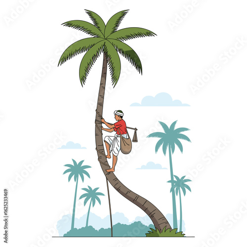 Man climbs tall coconut tree for sap collection with palm tree background