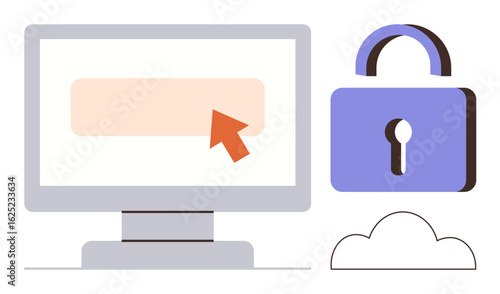 Computer screen with a cursor, padlock symbolizing security, and cloud, conveying data safety, online privacy, cloud computing, data protection, cybersecurity network security. Ideal for tech blogs