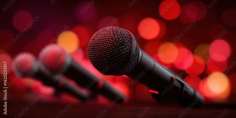 Obraz premium The microphones in focus with vibrant bokeh lights in the background.