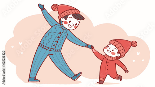 Cartoon of a father and child holding hands wearing winter clothes with a cloud and hearts background