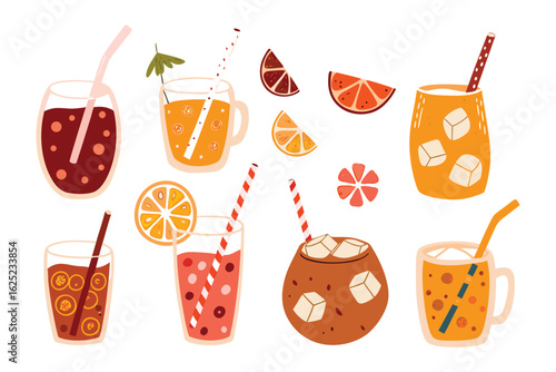 Vibrant Refreshment: A collection of various colorful drinks in glasses, showcasing their enticing qualities with slices of fruit and playful straws. 