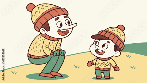 Cartoon illustration of father and son wearing winter hats and sweaters in an outdoor setting smiling happily