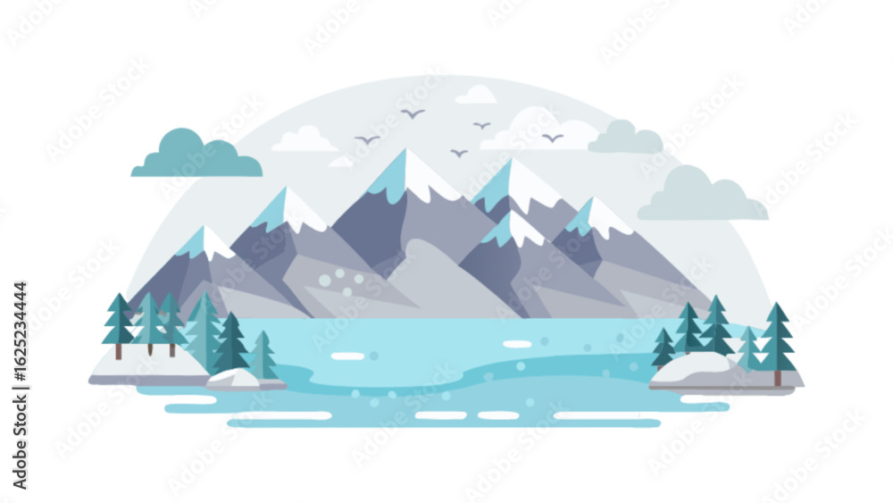 Naklejka premium Illustration of a mountain range with snow capped peaks beside a lake and evergreen trees in winter